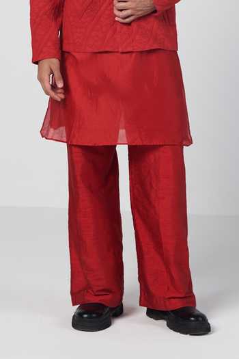 Rishi And Vibhuti_Red Silk, Cotton, Chanderi Beads, Mirrors Embroidered Bundi And Kurta Set _Online_at_Aza_Fashions