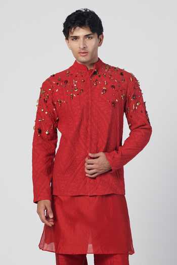 Buy_Rishi And Vibhuti_Red Silk, Cotton, Chanderi Beads, Mirrors Embroidered Bundi And Kurta Set _Online_at_Aza_Fashions