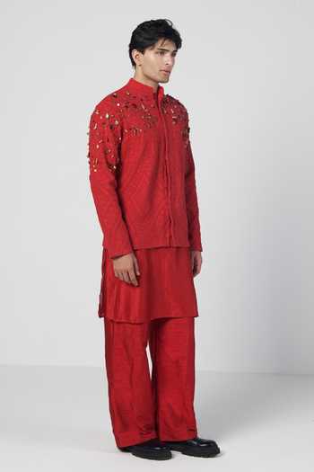 Shop_Rishi And Vibhuti_Red Silk, Cotton, Chanderi Beads, Mirrors Embroidered Bundi And Kurta Set _Online_at_Aza_Fashions