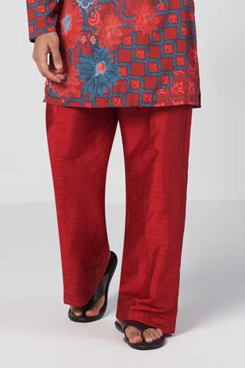 Rishi And Vibhuti_Red Crepe, Dupion, Silk Botanical Print Kurta Set _Online_at_Aza_Fashions