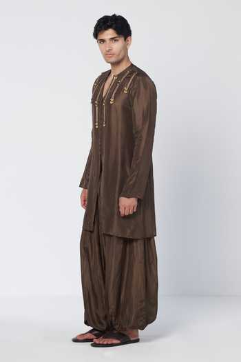 Rishi And Vibhuti_Green Silk, Chanderi Olive Dusk Embroidered Kurta Set _Online_at_Aza_Fashions