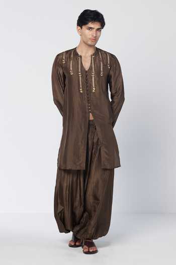 Buy_Rishi And Vibhuti_Green Silk, Chanderi Olive Dusk Embroidered Kurta Set _Online_at_Aza_Fashions