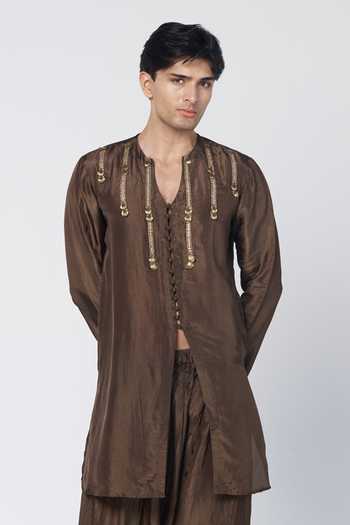 Rishi And Vibhuti_Green Silk, Chanderi Olive Dusk Embroidered Kurta Set _at_Aza_Fashions