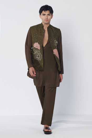Buy_Rishi And Vibhuti_Olive Green Silk, Chanderi, Dupion Embroidery Bundi And Kurta Set _Online_at_Aza_Fashions