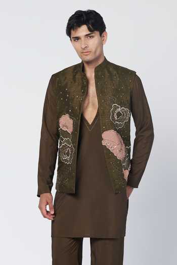 Shop_Rishi And Vibhuti_Olive Green Silk, Chanderi, Dupion Embroidery Bundi And Kurta Set _Online_at_Aza_Fashions