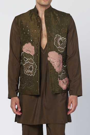 Rishi And Vibhuti_Olive Green Silk, Chanderi, Dupion Embroidery Bundi And Kurta Set _at_Aza_Fashions