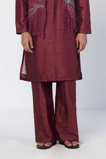 Rishi And Vibhuti_Burgundy Silk, Cotton, Chanderi Sequins, Tassels, Embroidered Bundi And Kurta Set _Online_at_Aza_Fashions
