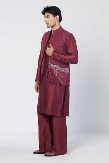 Buy_Rishi And Vibhuti_Burgundy Silk, Cotton, Chanderi Sequins, Tassels, Embroidered Bundi And Kurta Set _Online_at_Aza_Fashions