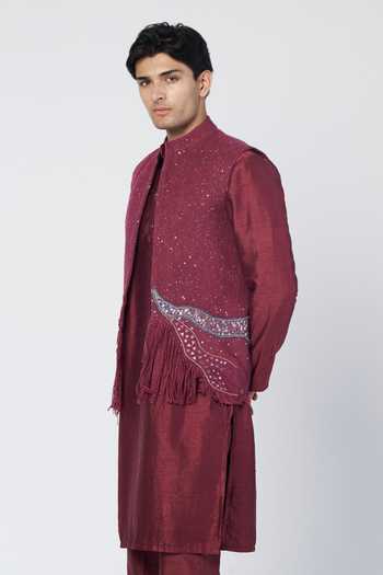 Shop_Rishi And Vibhuti_Burgundy Silk, Cotton, Chanderi Sequins, Tassels, Embroidered Bundi And Kurta Set _Online_at_Aza_Fashions