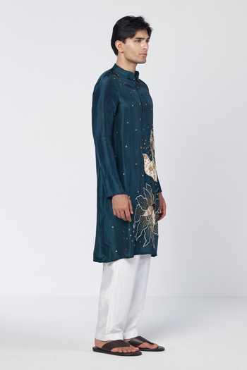 Rishi And Vibhuti_Green Silk, Chanderi Emerald Drift Embroidered Kurta Set _Online_at_Aza_Fashions