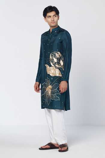 Buy_Rishi And Vibhuti_Green Silk, Chanderi Emerald Drift Embroidered Kurta Set _Online_at_Aza_Fashions