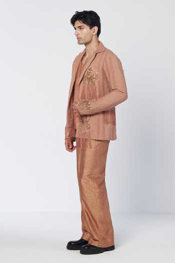 Rishi And Vibhuti_Peach Raw Silk, Suiting Desert Dusk Embroidered Jacket And Kurta Set _Online_at_Aza_Fashions