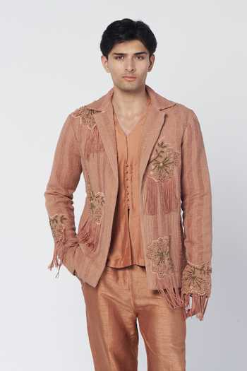 Buy_Rishi And Vibhuti_Peach Raw Silk, Suiting Desert Dusk Embroidered Jacket And Kurta Set _Online_at_Aza_Fashions