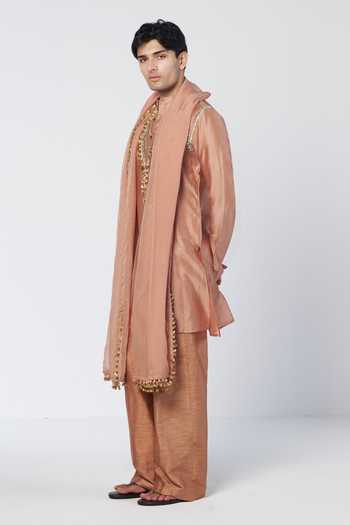 Rishi And Vibhuti_Peach Silk, Organza, Chanderi Biscoff Tassel Embroidered Kurta Set _Online_at_Aza_Fashions