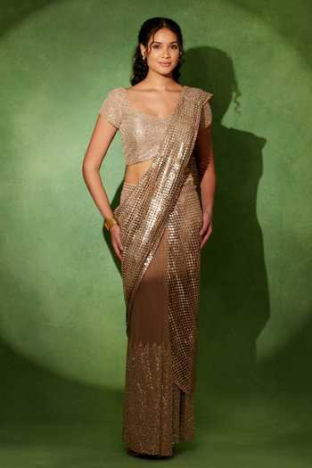 Soniya G Gold Square Neck Sunehri Metallic Pre-draped Saree With Blouse Online at Aza Fashions Soniya G_Gold Square Neck Sunehri Metallic Pre-draped Saree With Blouse _Online_at_Aza_Fashions