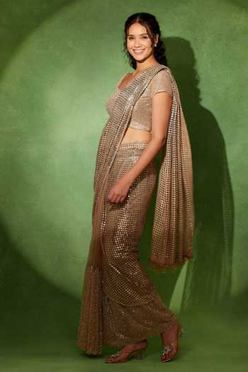 Buy Soniya G Gold Square Neck Sunehri Metallic Pre-draped Saree With Blouse Online at Aza Fashions Buy_Soniya G_Gold Square Neck Sunehri Metallic Pre-draped Saree With Blouse _Online_at_Aza_Fashions