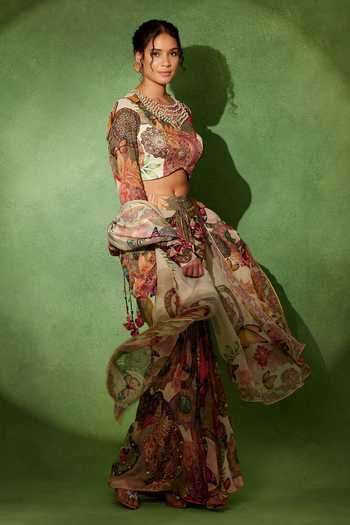 Soniya G Multi Color Georgette Round Neck Gulistan Printed Draped Skirt Set Online at Aza Fashions Soniya G_Multi Color Georgette Round Neck Gulistan Printed Draped Skirt Set _Online_at_Aza_Fashions