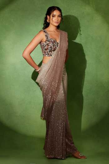 Soniya G_Rose Gold Sweetheart Neck Lunara Shimmer Pre-draped Saree With Blouse _Online_at_Aza_Fashions