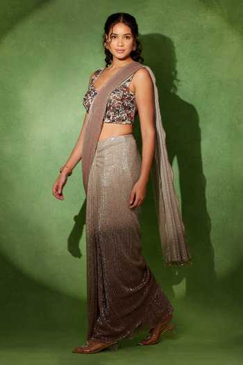 Buy_Soniya G_Rose Gold Sweetheart Neck Lunara Shimmer Pre-draped Saree With Blouse _Online_at_Aza_Fashions