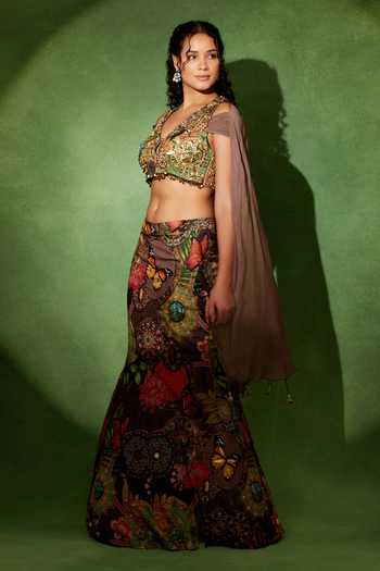 Soniya G Multi Color Organza V-neck Ruhani Garden Lehenga With Draped Blouse Online at Aza Fashions Soniya G_Multi Color Organza V-neck Ruhani Garden Lehenga With Draped Blouse _Online_at_Aza_Fashions