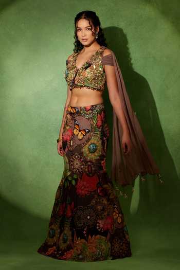 Buy Soniya G Multi Color Organza V-neck Ruhani Garden Lehenga With Draped Blouse Online at Aza Fashions Buy_Soniya G_Multi Color Organza V-neck Ruhani Garden Lehenga With Draped Blouse _Online_at_Aza_Fashions