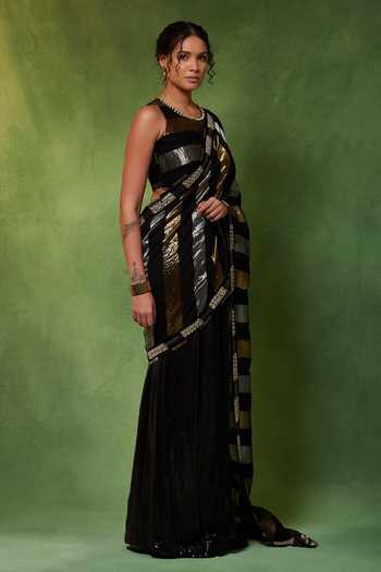Soniya G_Black Georgette, Chanderi, Tissue Gilded Eclipse Pre-draped Saree With Blouse _Online_at_Aza_Fashions