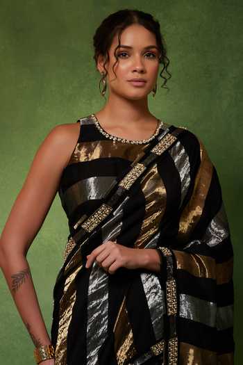 Buy_Soniya G_Black Georgette, Chanderi, Tissue Gilded Eclipse Pre-draped Saree With Blouse _Online_at_Aza_Fashions