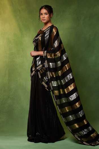 Shop_Soniya G_Black Georgette, Chanderi, Tissue Gilded Eclipse Pre-draped Saree With Blouse _Online_at_Aza_Fashions