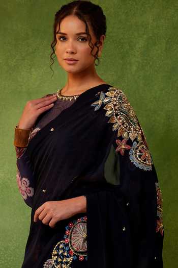 Soniya G Blue Organza, Georgette, Lycra Kahaani Noir Pre-draped Saree With Printed Blouse Online at Aza Fashions Soniya G_Blue Organza, Georgette, Lycra Kahaani Noir Pre-draped Saree With Printed Blouse _Online_at_Aza_Fashions