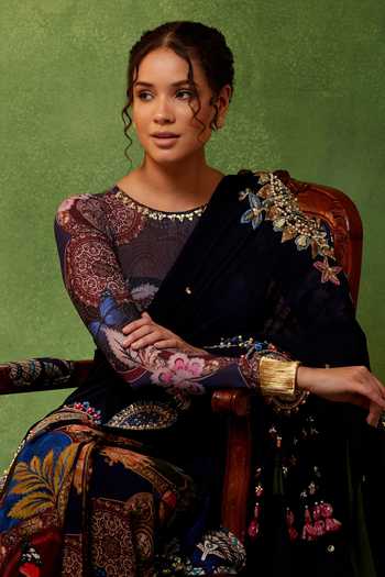 Buy Soniya G Blue Organza, Georgette, Lycra Kahaani Noir Pre-draped Saree With Printed Blouse Online at Aza Fashions Buy_Soniya G_Blue Organza, Georgette, Lycra Kahaani Noir Pre-draped Saree With Printed Blouse _Online_at_Aza_Fashions