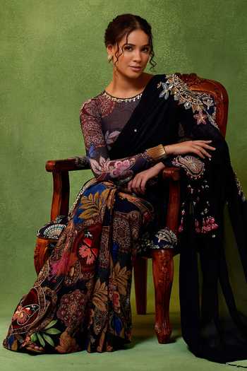 Shop Soniya G Blue Organza, Georgette, Lycra Kahaani Noir Pre-draped Saree With Printed Blouse Online at Aza Fashions Shop_Soniya G_Blue Organza, Georgette, Lycra Kahaani Noir Pre-draped Saree With Printed Blouse _Online_at_Aza_Fashions