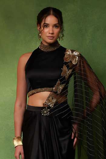 Soniya G Black Silk, Satin High Neck Midnight Fleur Pre-draped Saree With Crop Top Online at Aza Fashions Soniya G_Black Silk, Satin High Neck Midnight Fleur Pre-draped Saree With Crop Top _Online_at_Aza_Fashions