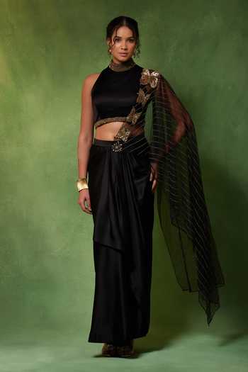 Soniya G Midnight Fleur Pre-Draped Saree With Crop Top 