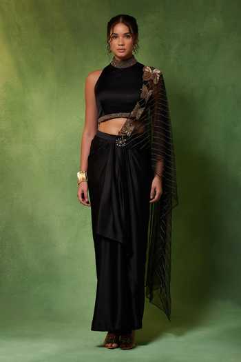 Buy Soniya G Black Silk, Satin High Neck Midnight Fleur Pre-draped Saree With Crop Top Online at Aza Fashions Buy_Soniya G_Black Silk, Satin High Neck Midnight Fleur Pre-draped Saree With Crop Top _Online_at_Aza_Fashions