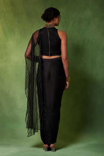 Soniya G Midnight Fleur Pre-Draped Saree With Crop Top 