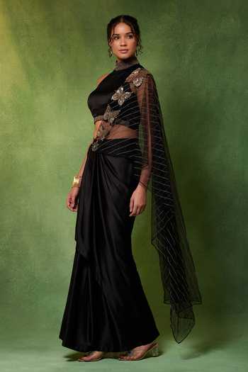 Shop Soniya G Black Silk, Satin High Neck Midnight Fleur Pre-draped Saree With Crop Top Online at Aza Fashions Shop_Soniya G_Black Silk, Satin High Neck Midnight Fleur Pre-draped Saree With Crop Top _Online_at_Aza_Fashions