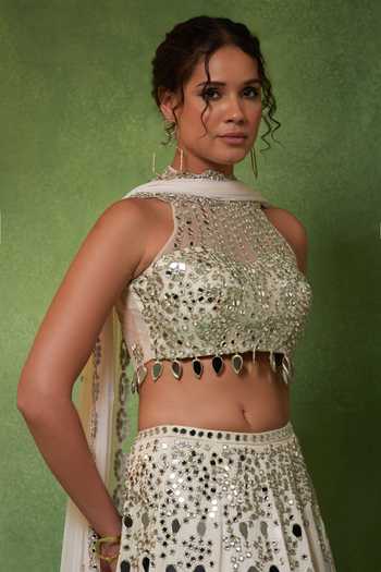 Soniya G Ivory Georgette, Satin Halter Neck Noor-e-aaina Mirror Embroidered Lehenga Set Online at Aza Fashions Soniya G_Ivory Georgette, Satin Halter Neck Noor-e-aaina Mirror Embroidered Lehenga Set _Online_at_Aza_Fashions
