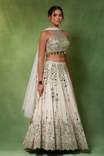 Soniya G Ivory Georgette, Satin Halter Neck Noor-e-aaina Mirror Embroidered Lehenga Set at Aza Fashions Soniya G_Ivory Georgette, Satin Halter Neck Noor-e-aaina Mirror Embroidered Lehenga Set _at_Aza_Fashions
