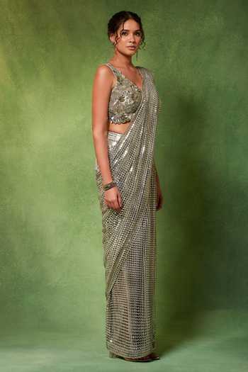 Soniya G_Silver V-neck Moonstone Pre-draped Saree With Blouse _Online_at_Aza_Fashions