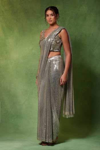 Shop_Soniya G_Silver V-neck Moonstone Pre-draped Saree With Blouse _Online_at_Aza_Fashions