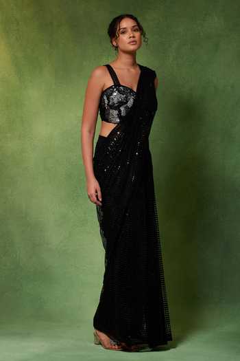 Buy Soniya G Black Sweetheart Neck Siyah Chand Metallic Pre-draped Saree With Blouse Online at Aza Fashions Buy_Soniya G_Black Sweetheart Neck Siyah Chand Metallic Pre-draped Saree With Blouse _Online_at_Aza_Fashions