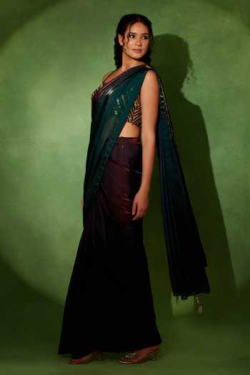 Soniya G_Green Tissue Sweetheart Neck Morni Pre-draped Saree With Blouse _Online_at_Aza_Fashions