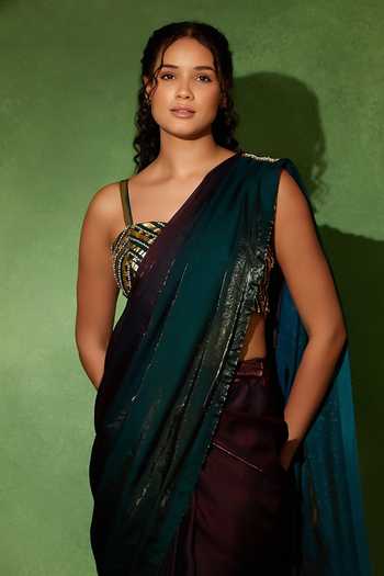 Buy_Soniya G_Green Tissue Sweetheart Neck Morni Pre-draped Saree With Blouse _Online_at_Aza_Fashions