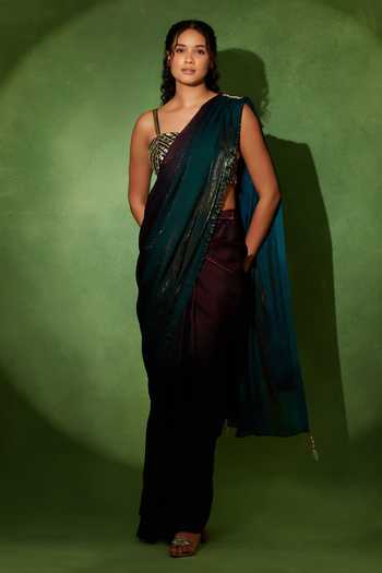 Shop_Soniya G_Green Tissue Sweetheart Neck Morni Pre-draped Saree With Blouse _Online_at_Aza_Fashions