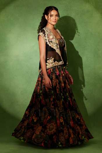 Soniya G Black Organza, Georgette Shawl Neck, Shahnoor Embroidered Jacket And Lehenga Set Online at Aza Fashions Soniya G_Black Organza, Georgette Shawl Neck, Shahnoor Embroidered Jacket And Lehenga Set _Online_at_Aza_Fashions