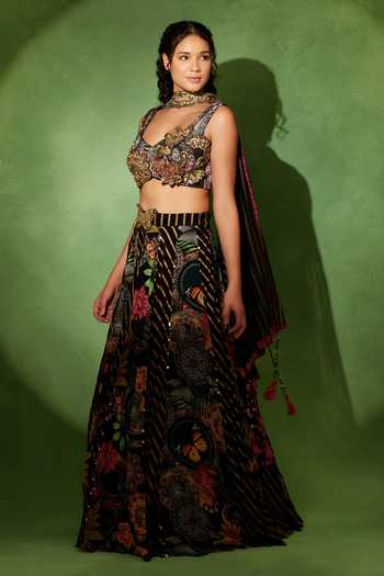 Buy_Soniya G_Black Georgette, Lycra Sweetheart Neck Titli Noir Printed Lehenga Set _Online_at_Aza_Fashions