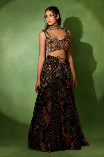 Shop_Soniya G_Black Georgette, Lycra Sweetheart Neck Titli Noir Printed Lehenga Set _Online_at_Aza_Fashions