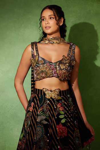 Soniya G_Black Georgette, Lycra Sweetheart Neck Titli Noir Printed Lehenga Set _at_Aza_Fashions