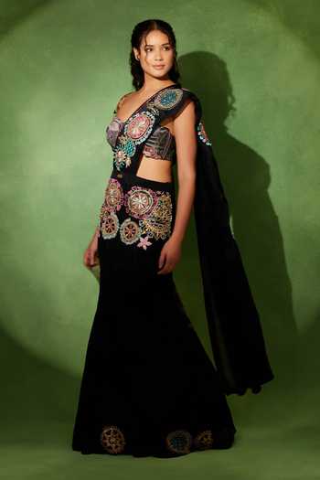 Soniya G_Black Organza, Lycra Rang Chakra Embroidered Pre-draped Lehenga Saree Set _Online_at_Aza_Fashions
