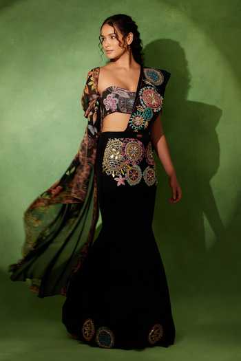 Buy_Soniya G_Black Organza, Lycra Rang Chakra Embroidered Pre-draped Lehenga Saree Set _Online_at_Aza_Fashions